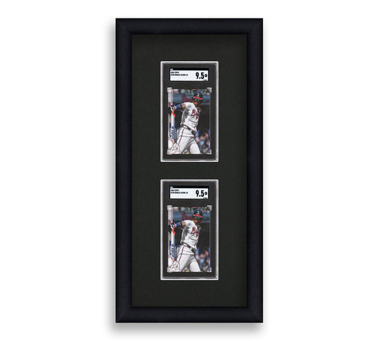 SGC Framed Card Display holds 2 SGC graded slabs in a 2 up layout with a black background and black frame