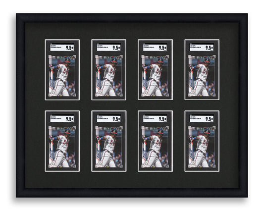 SGC Framed Card Display holds 8 SGC graded slabs in a 2x4 layout with a black background and black frame