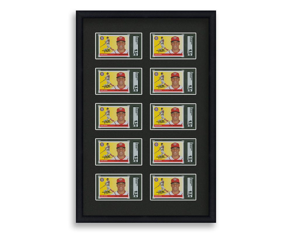 SGC Framed Card Display holds 10 horizontal SGC graded slabs in a 5x2 layout with a black background and black frame