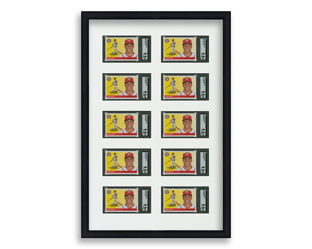 SGC Framed Card Display holds 10 horizontal SGC graded slabs in a 5x2 layout with a white background and black frame