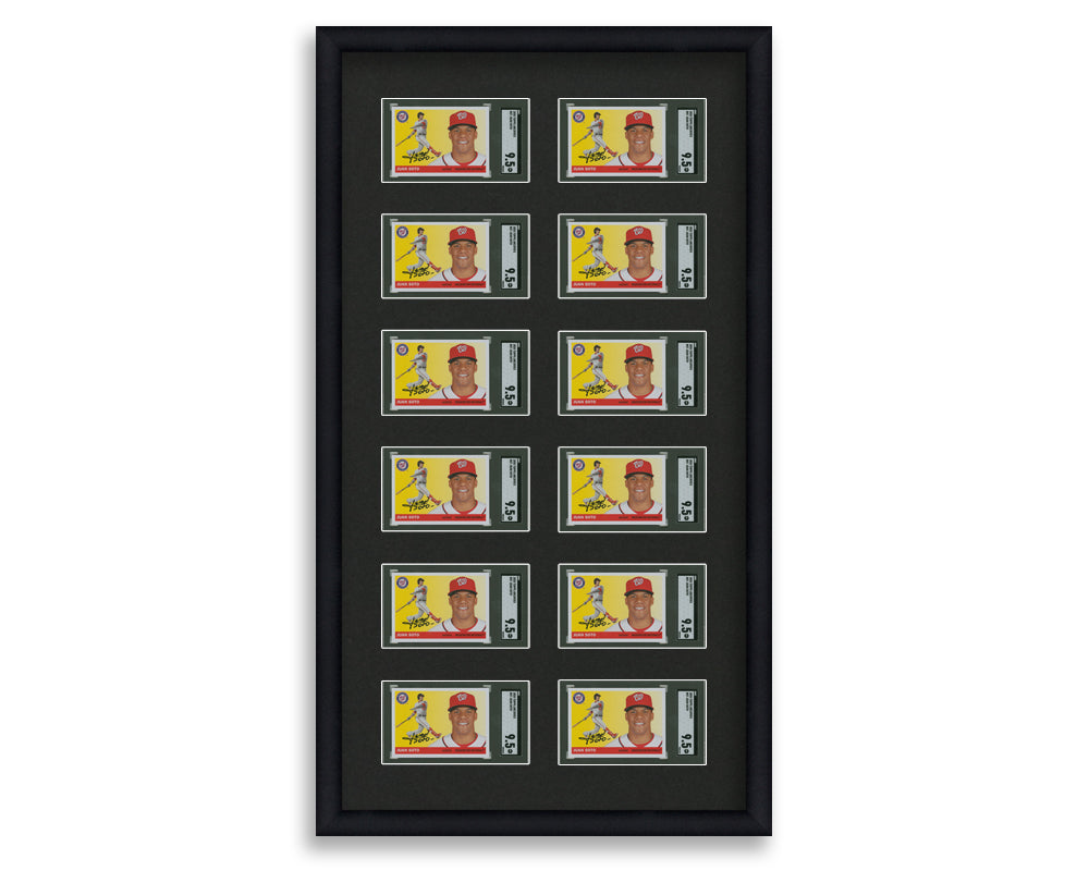 SGC Framed Card Display holds 12 horizontal SGC graded slabs in a 6x2 layout with a black background and black frame