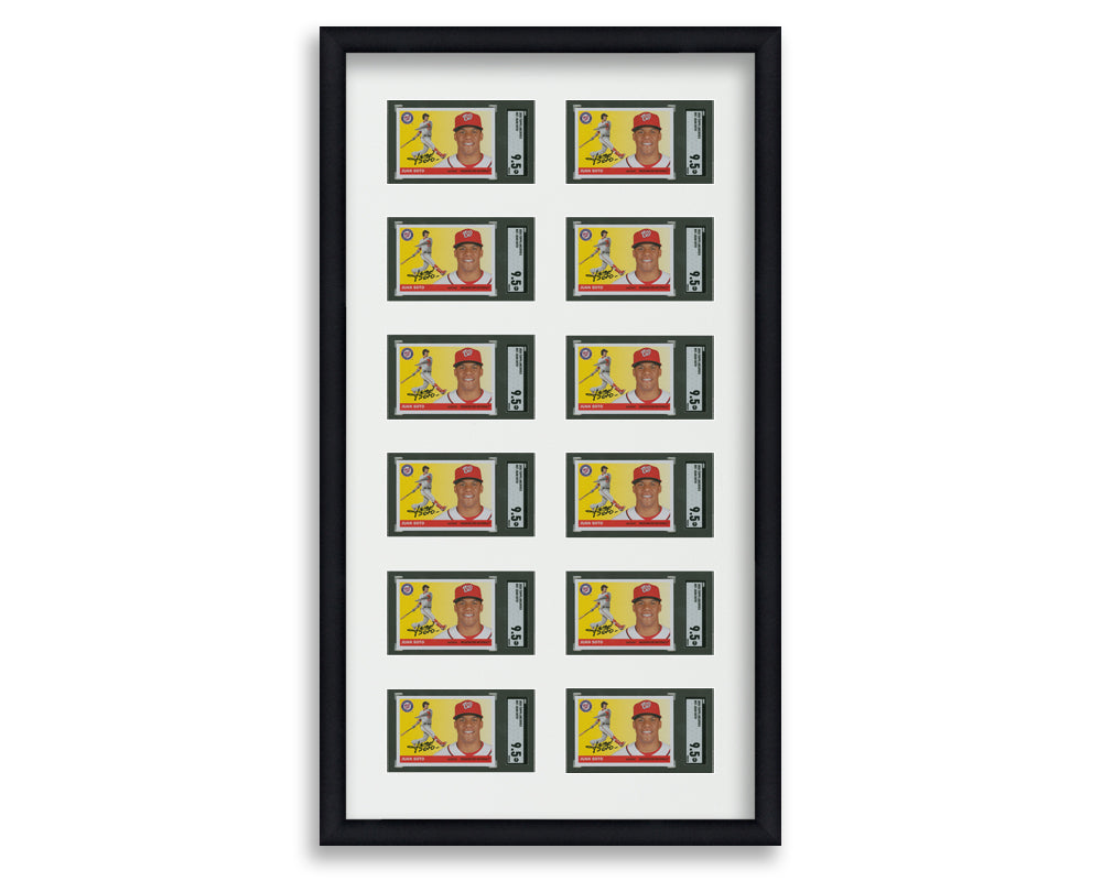 SGC Framed Card Display holds 12 horizontal SGC graded slabs in a 6x2 layout with a white background and black frame