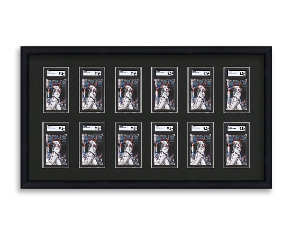 SGC Framed Card Display holds 12 SGC graded slabs in a 2x6 layout with a black background and black frame