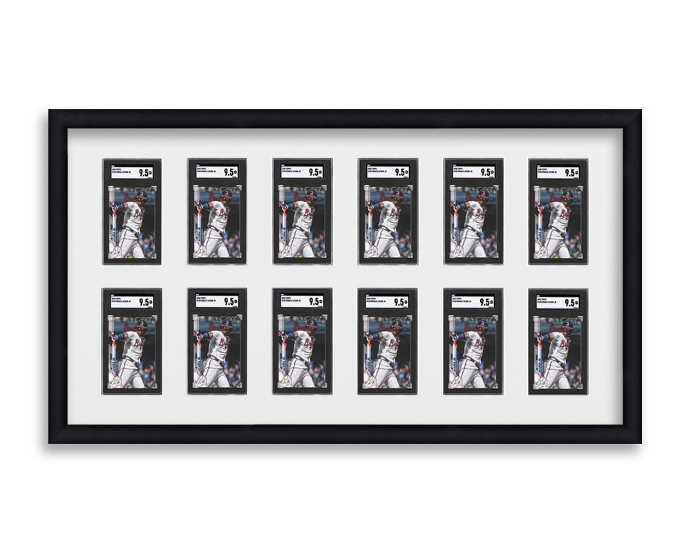 SGC Framed Card Display holds 12 SGC graded slabs in a 2x6 layout with a white background and black frame