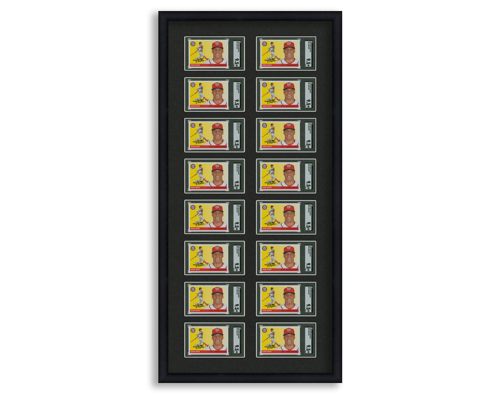 SGC Framed Card Display holds 16 horizontal SGC graded slabs in an 8x2 layout with a black background and black frame