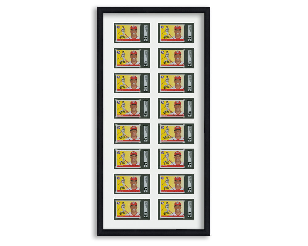 SGC Framed Card Display holds 16 horizontal SGC graded slabs in an 8x2 layout with a white background and black frame