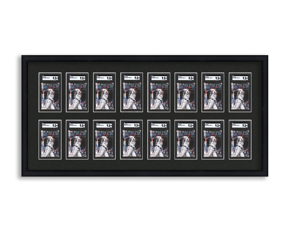 SGC Framed Card Display holds 16 SGC graded slabs in an 2x8 layout with a black background and black frame