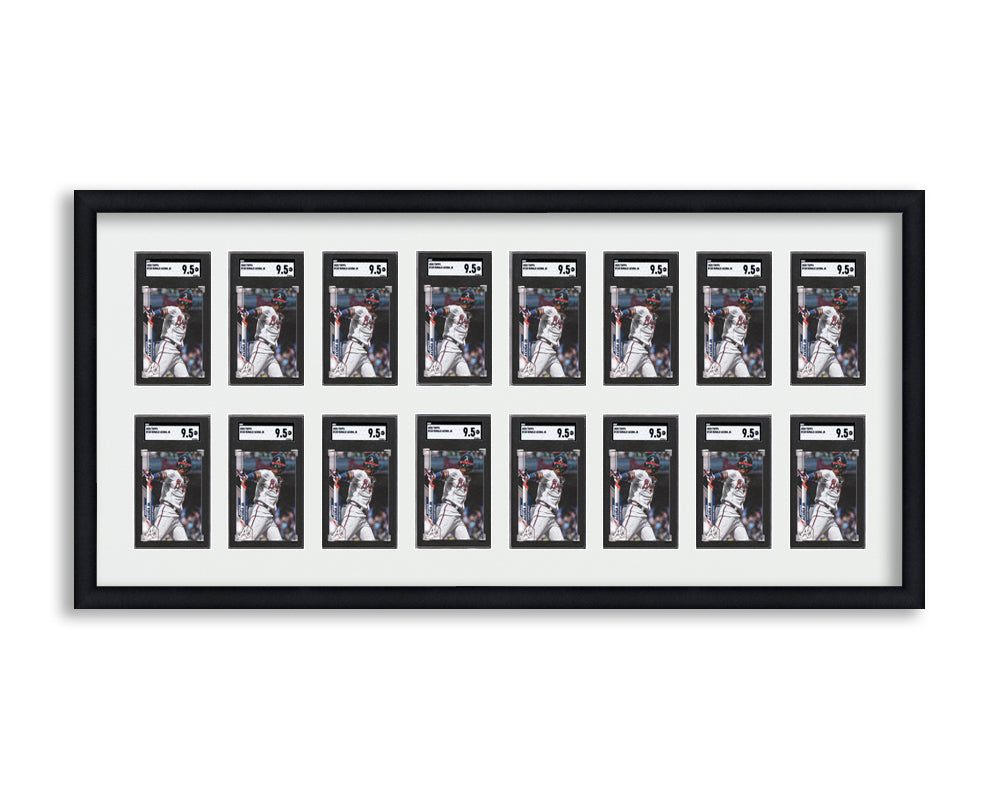 SGC Framed Card Display holds 16 SGC graded slabs in an 2x8 layout with a white background and black frame