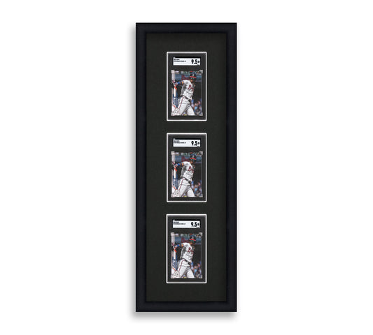 SGC Framed Card Display holds 3 SGC graded slabs in a 3 up layout with a black background and black frame