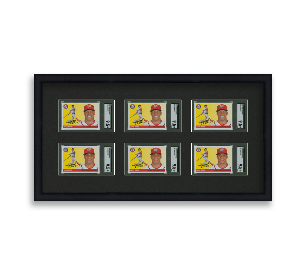 SGC Framed Card Display holds 6 horizontal SGC graded slabs in a 2x3 layout with a black background and black frame