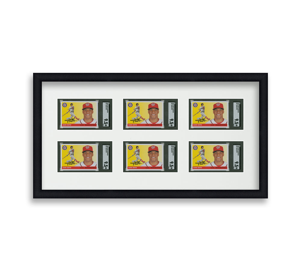 SGC Framed Card Display holds 6 horizontal SGC graded slabs in a 2x3 layout with a white background and black frame