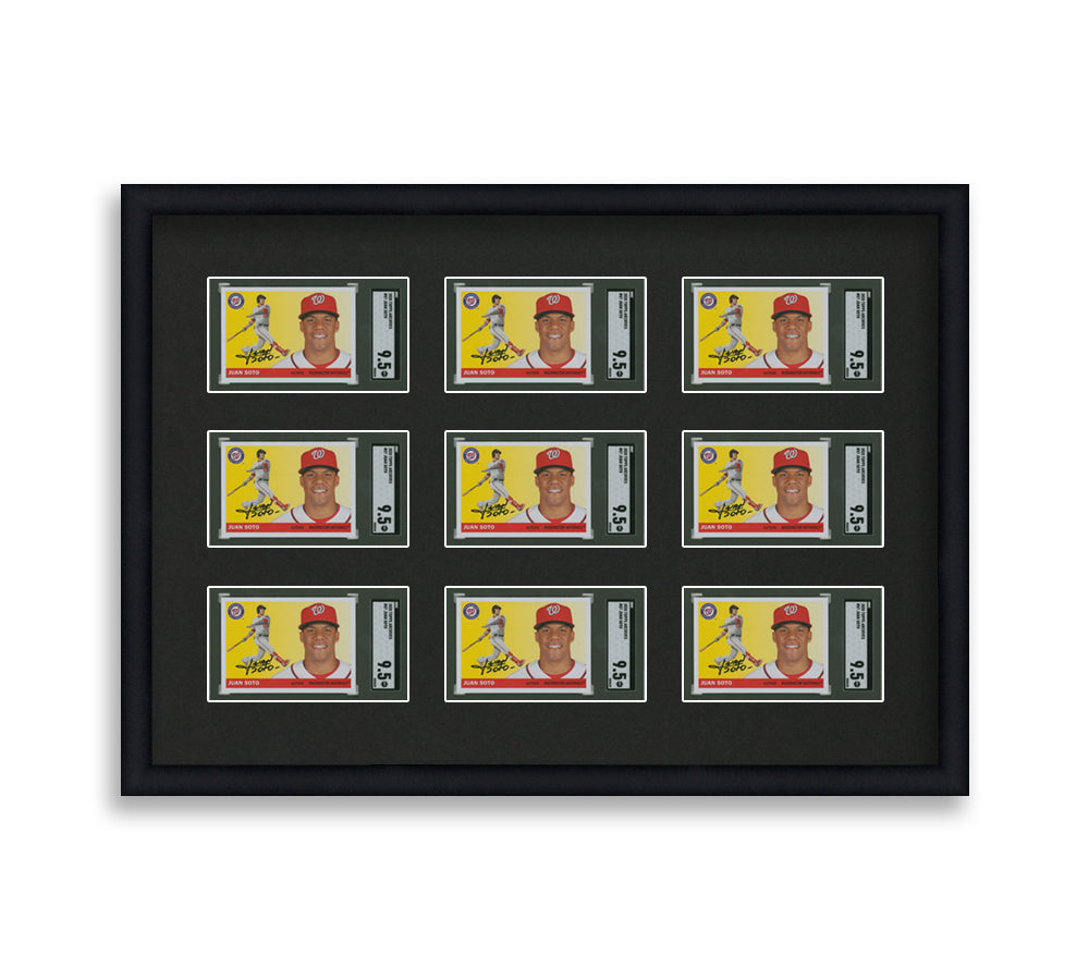 SGC Framed Card Display holds 9 horizontal SGC graded slabs in a 3x3 layout with a black background and black frame