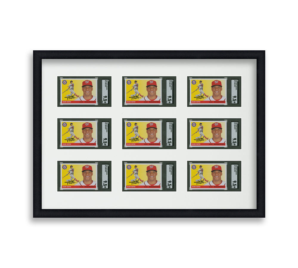 SGC Framed Card Display holds 9 horizontal SGC graded slabs in a 3x3 layout with a white background and black frame