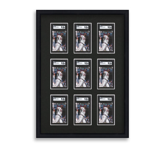 SGC Framed Card Display holds 9 SGC graded slabs in a 3x3 layout with a black background and black frame