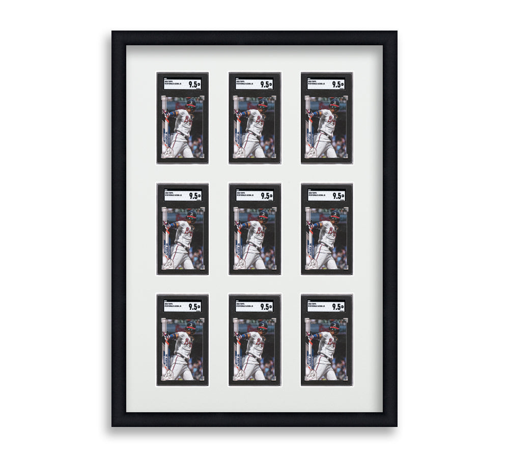 SGC Framed Card Display holds 9 SGC graded slabs in a 3x3 layout with a white background and black frame