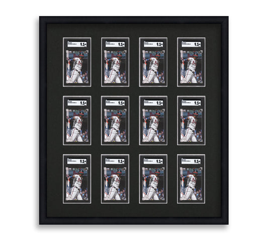 SGC Framed Card Display holds 12 SGC graded slabs in a 3x4 layout with a black background and black frame