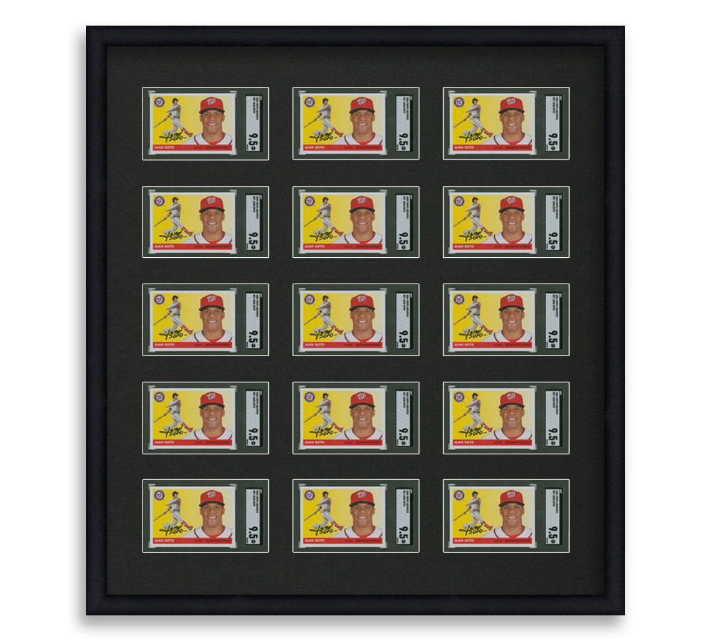 SGC Framed Card Display holds 15 horizontal SGC graded slabs in a 5x3 layout with a black background and black frame