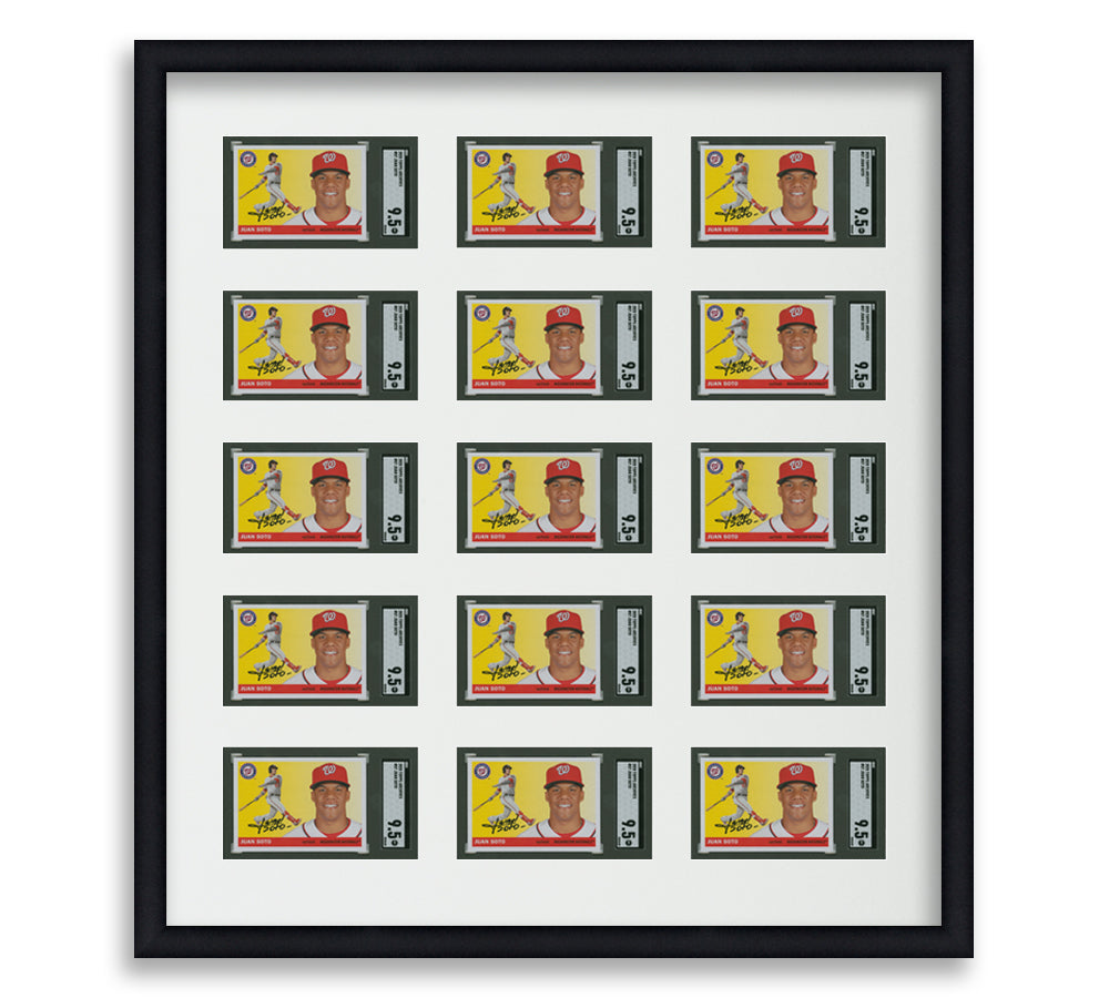 SGC Framed Card Display holds 15 horizontal SGC graded slabs in a 5x3 layout with a white background and black frame