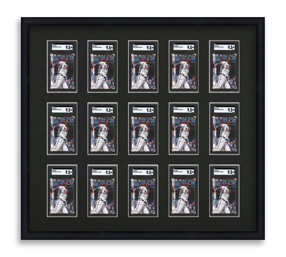 SGC Framed Card Display holds 15 SGC graded slabs in a 3x5 layout with a black background and black frame