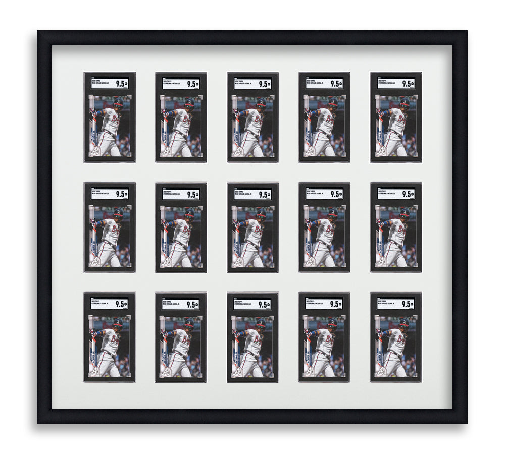 SGC Framed Card Display holds 18 SGC graded slabs in a 3x6 layout with a white background and black frame