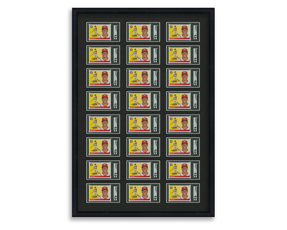 SGC Framed Card Display holds 24 horizontal SGC graded slabs in an 8x3 layout with a black background and black frame