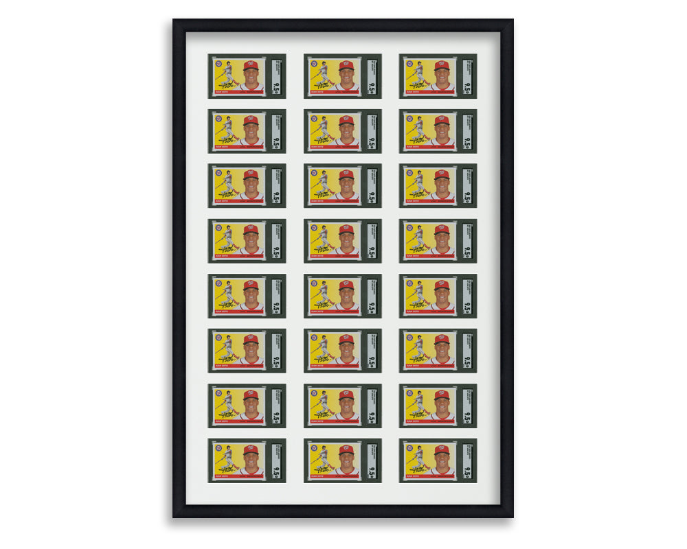 SGC Framed Card Display holds 24 horizontal SGC graded slabs in an 8x3 layout with a white background and black frame