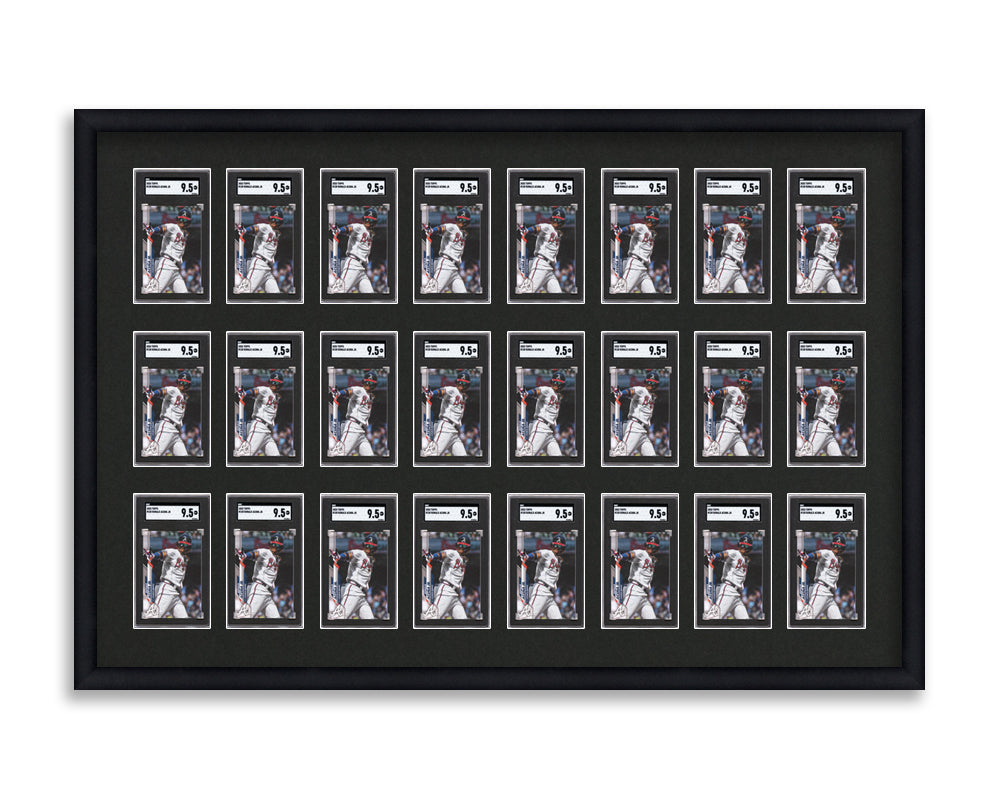 SGC Framed Card Display holds 24 horizontal SGC graded slabs in a 3x8 layout with a black background and black frame