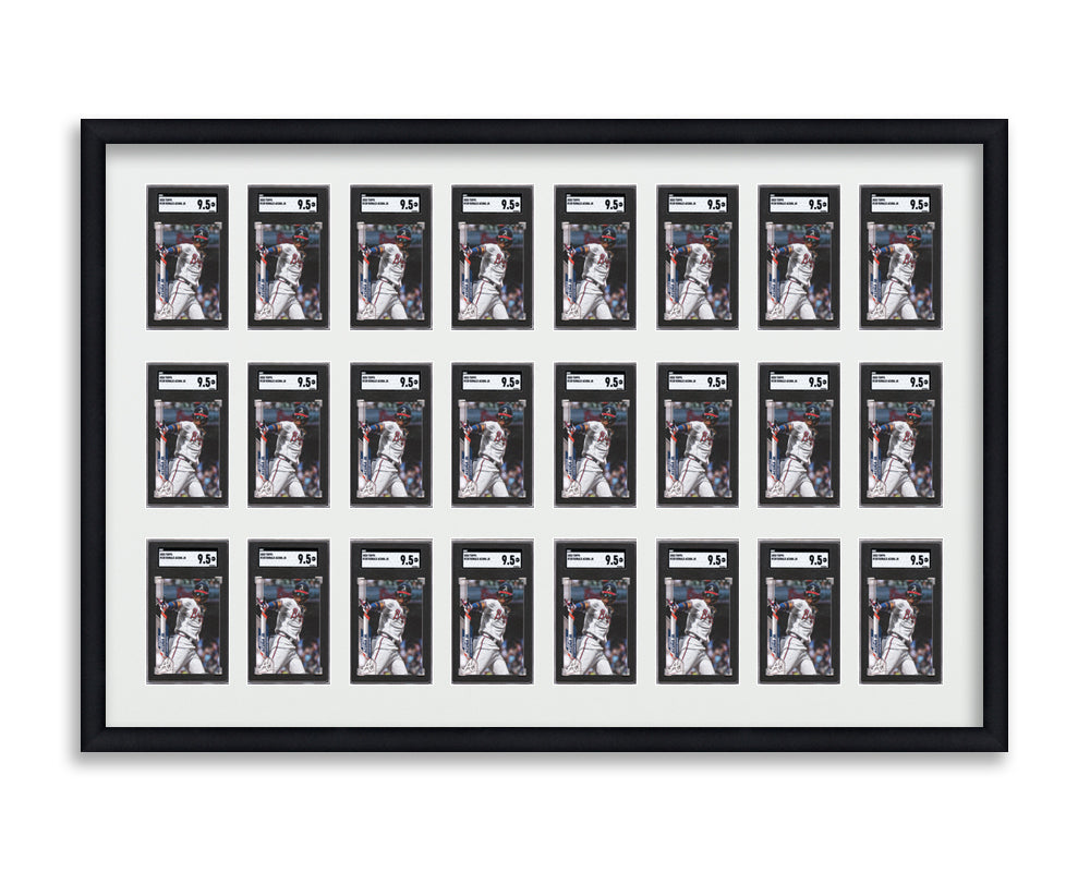 SGC Framed Card Display holds 24 horizontal SGC graded slabs in a 3x8 layout with a white background and black frame